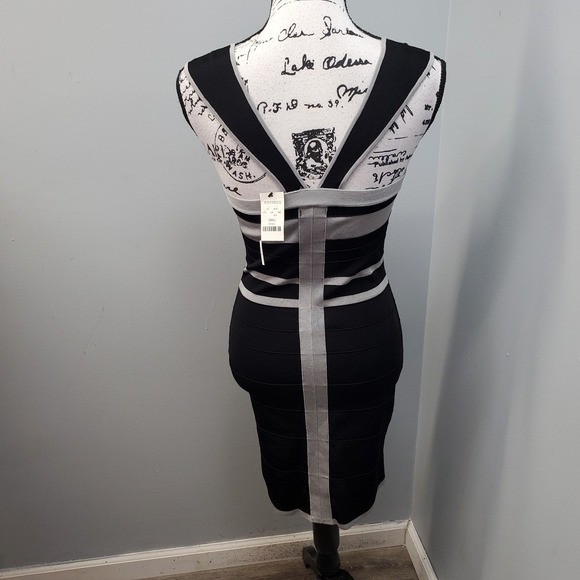 Express Bodycon Knitted Dress Womens Small Black Gray Striped Stretch Cross Back - Picture 2 of 6